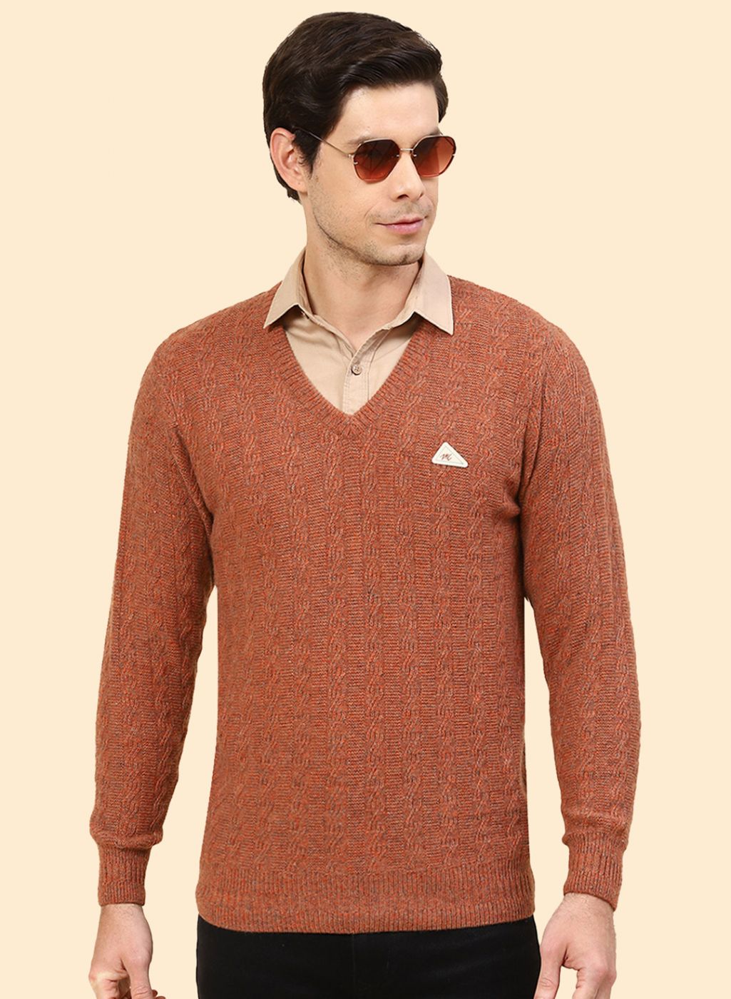 Men Orange Self Design Lamb wool Pullover