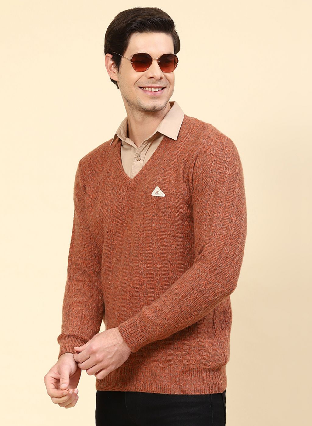 Men Orange Self Design Lamb wool Pullover