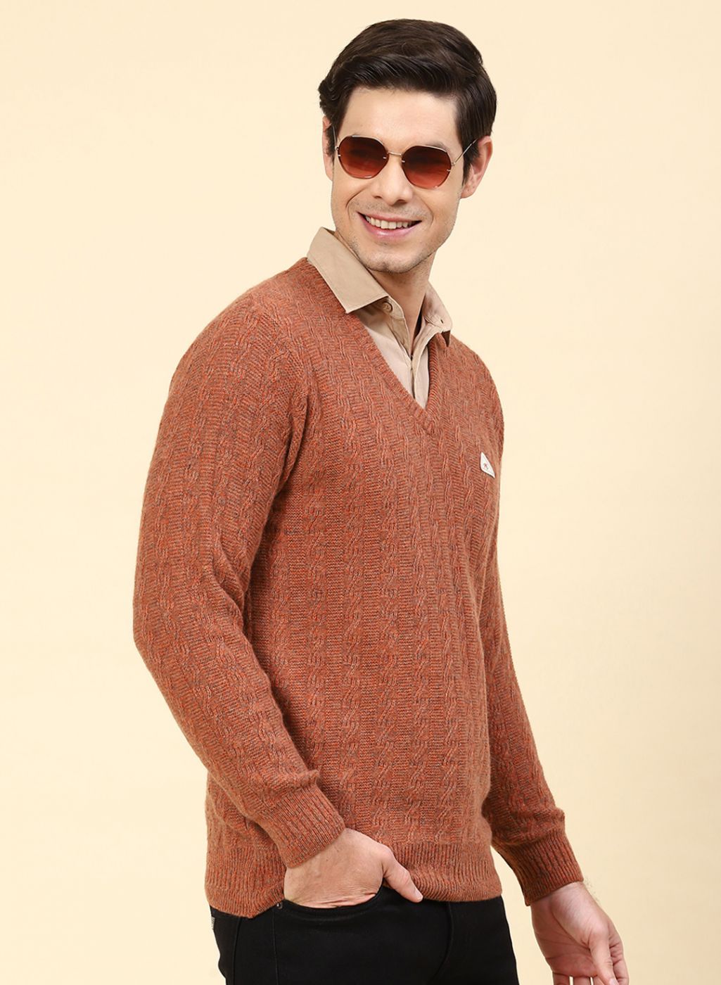 Men Orange Self Design Lamb wool Pullover