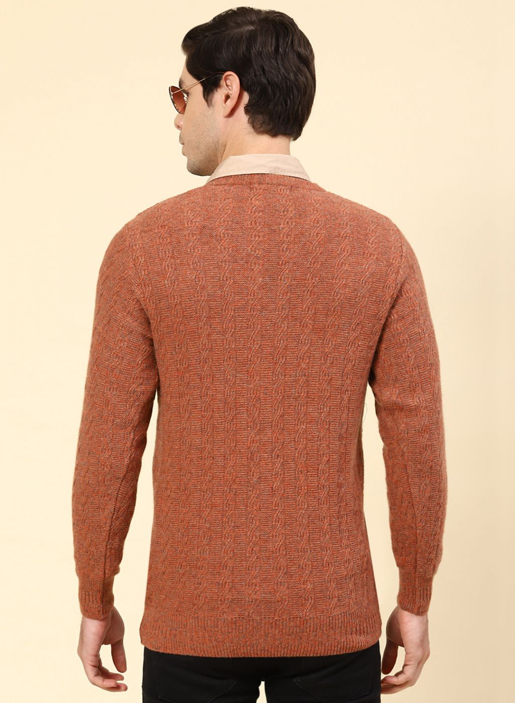 Men Orange Self Design Lamb wool Pullover