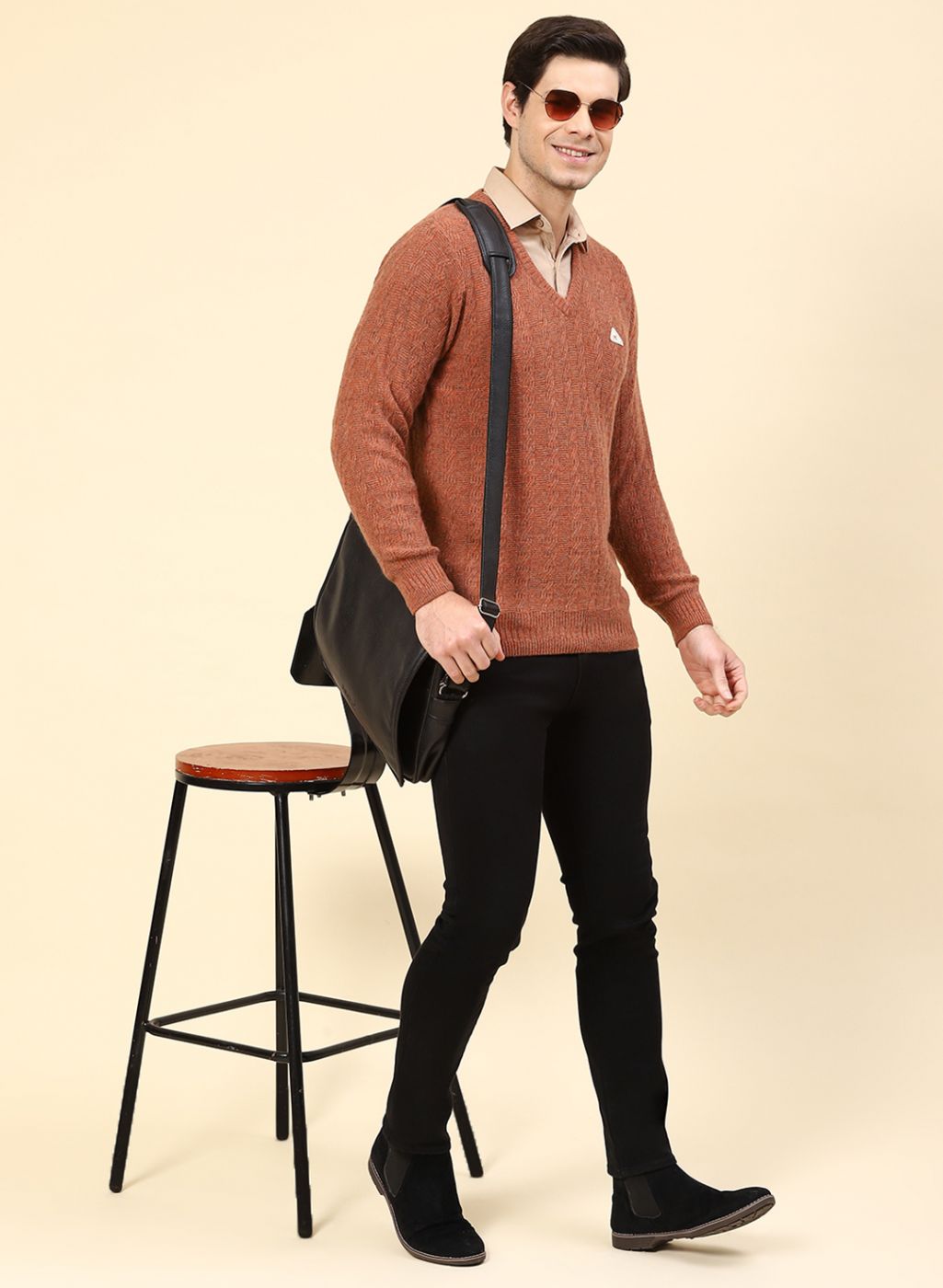 Men Orange Self Design Lamb wool Pullover