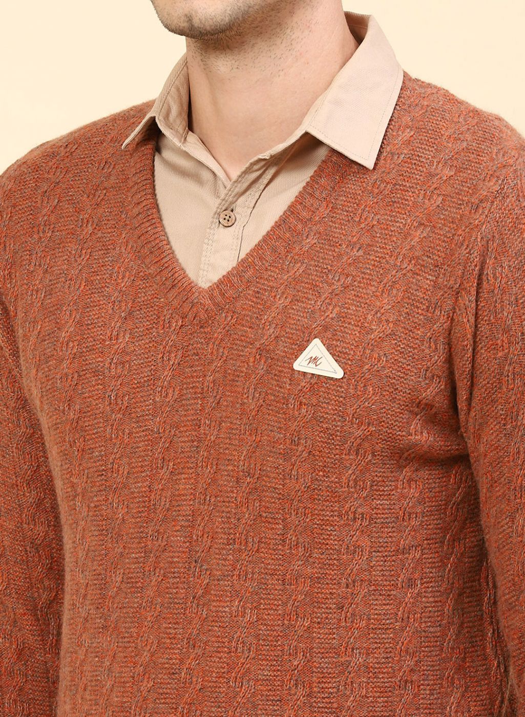 Men Orange Self Design Lamb wool Pullover