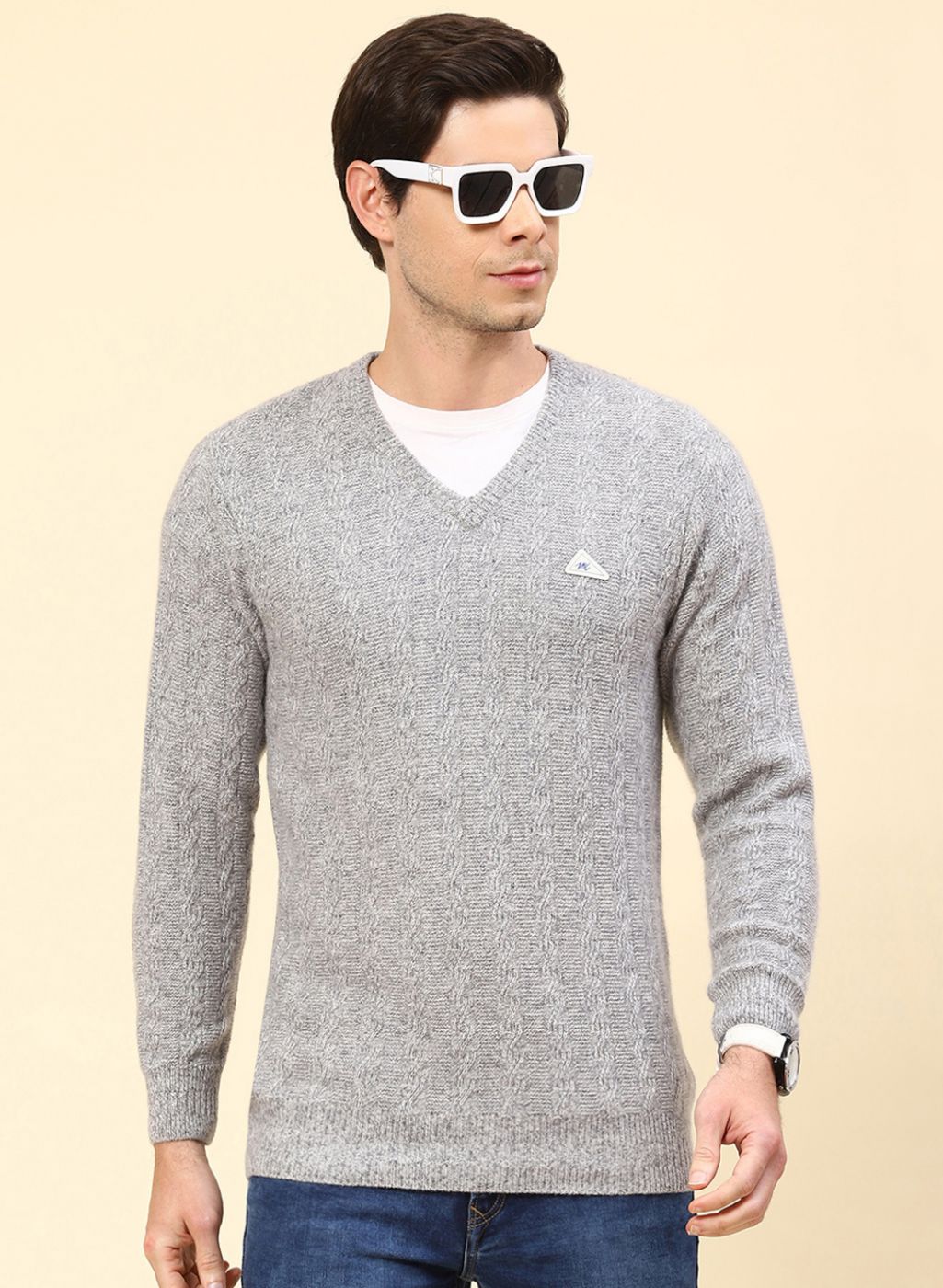 Men Grey Self Design Lamb wool Pullover