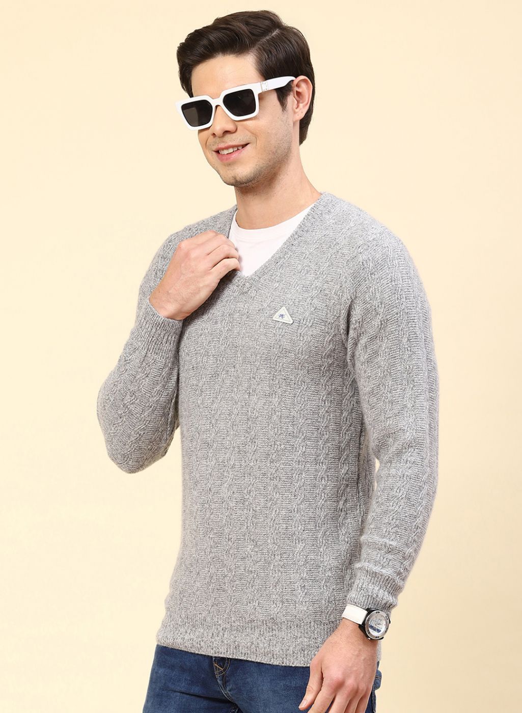 Men Grey Self Design Lamb wool Pullover