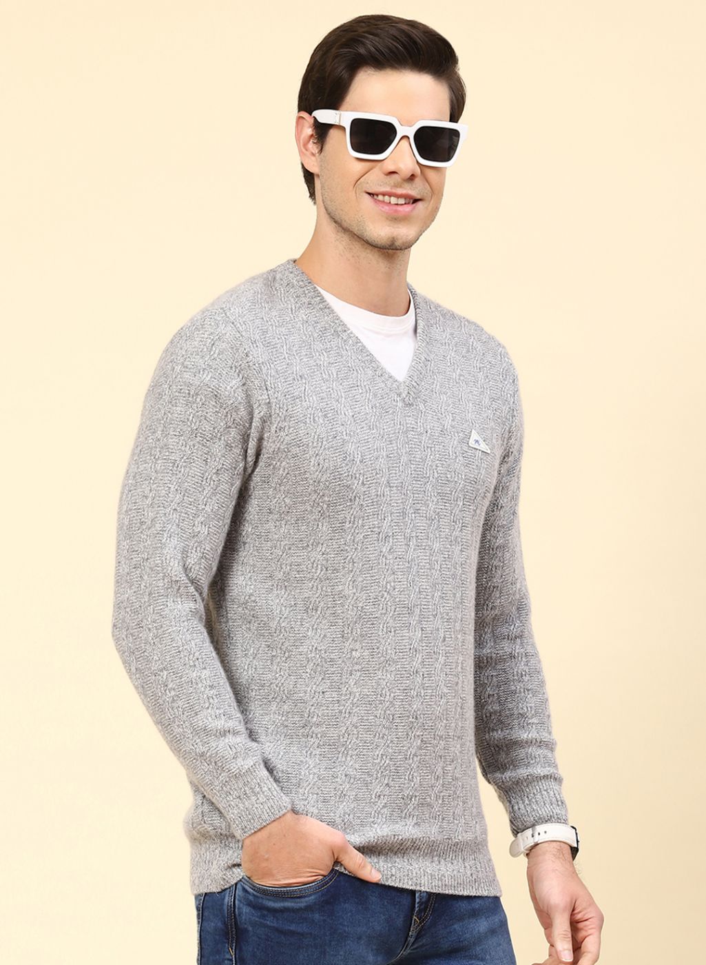 Men Grey Self Design Lamb wool Pullover