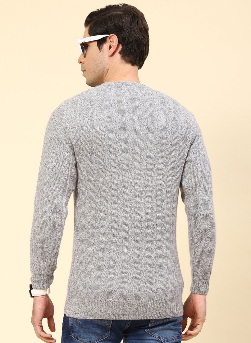 Men Grey Self Design Lamb wool Pullover