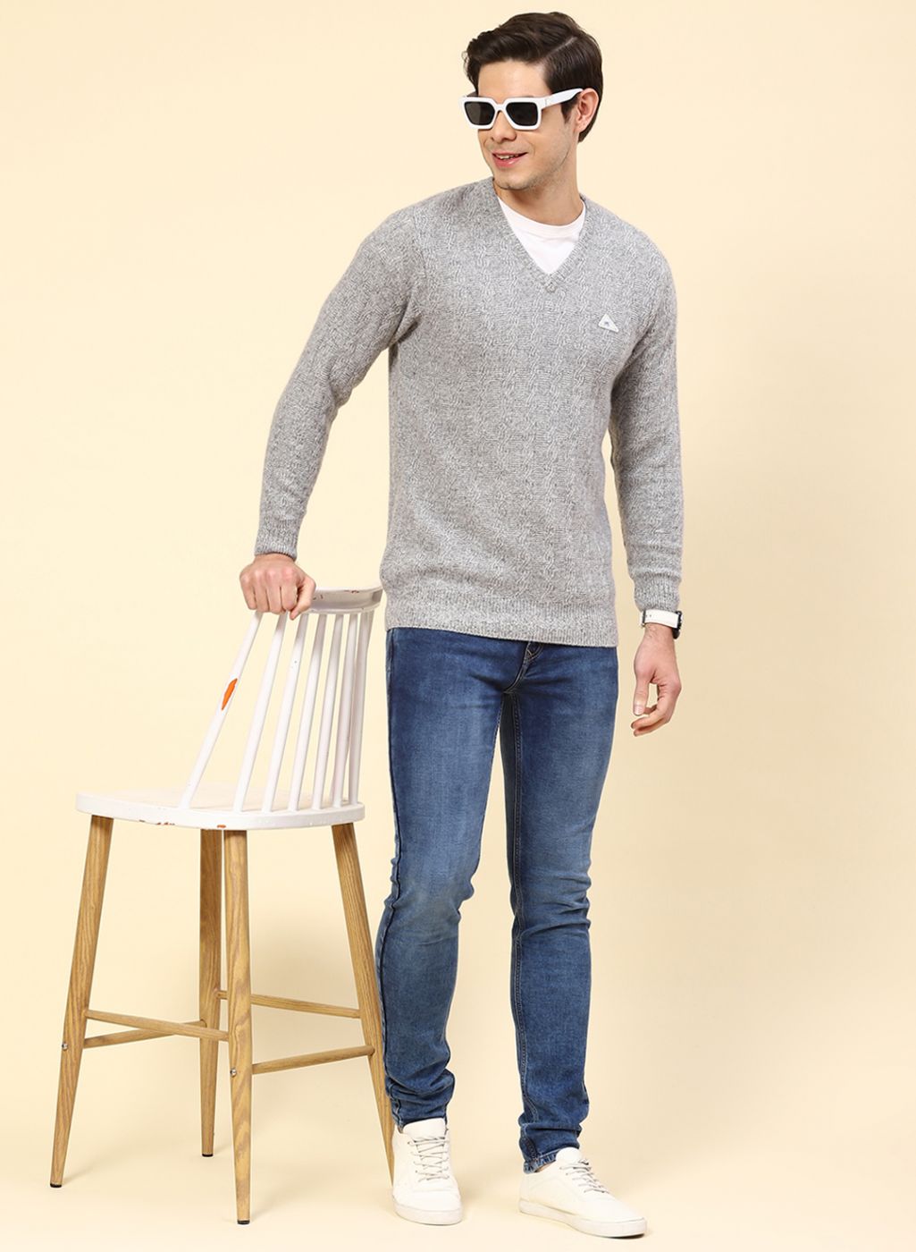 Men Grey Self Design Lamb wool Pullover