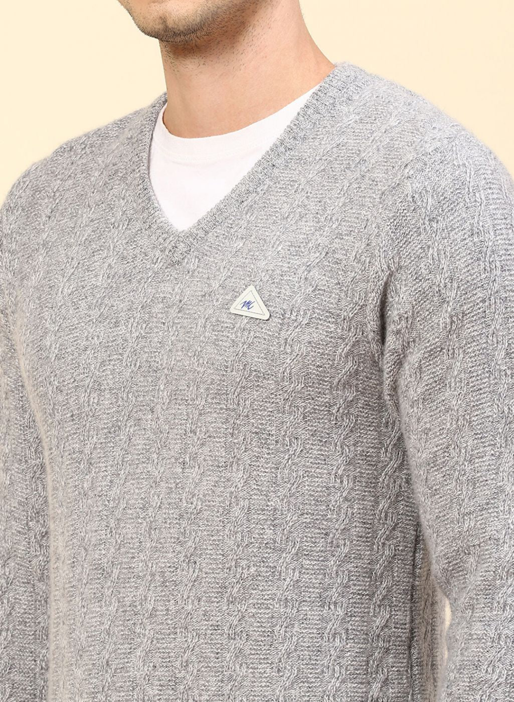 Men Grey Self Design Lamb wool Pullover