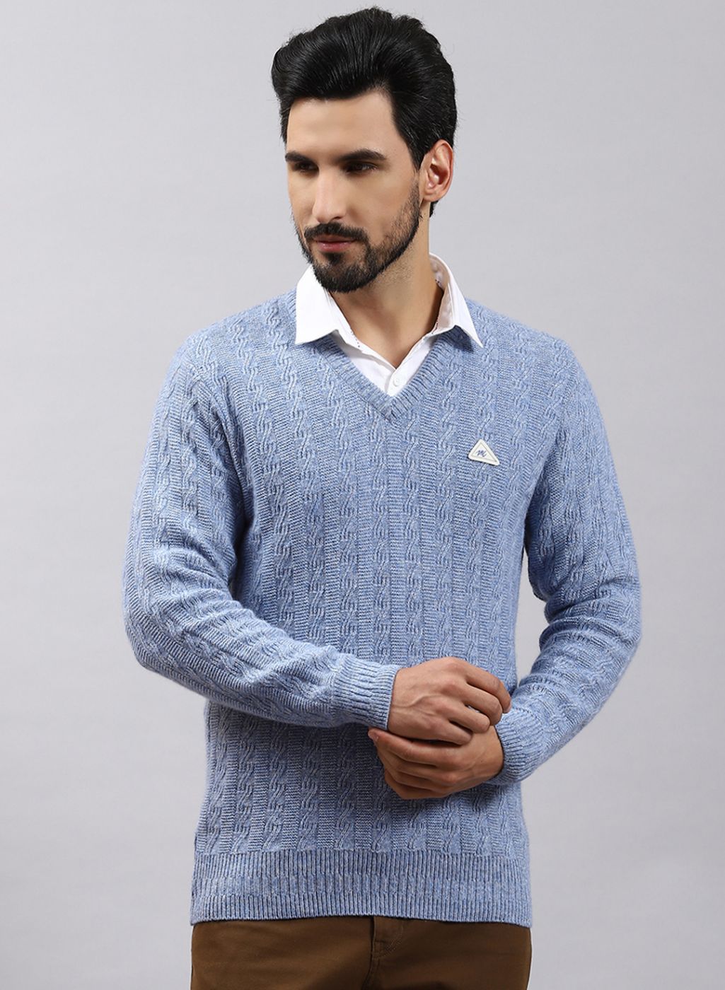 Men Blue Self Design Lamb wool Pullover