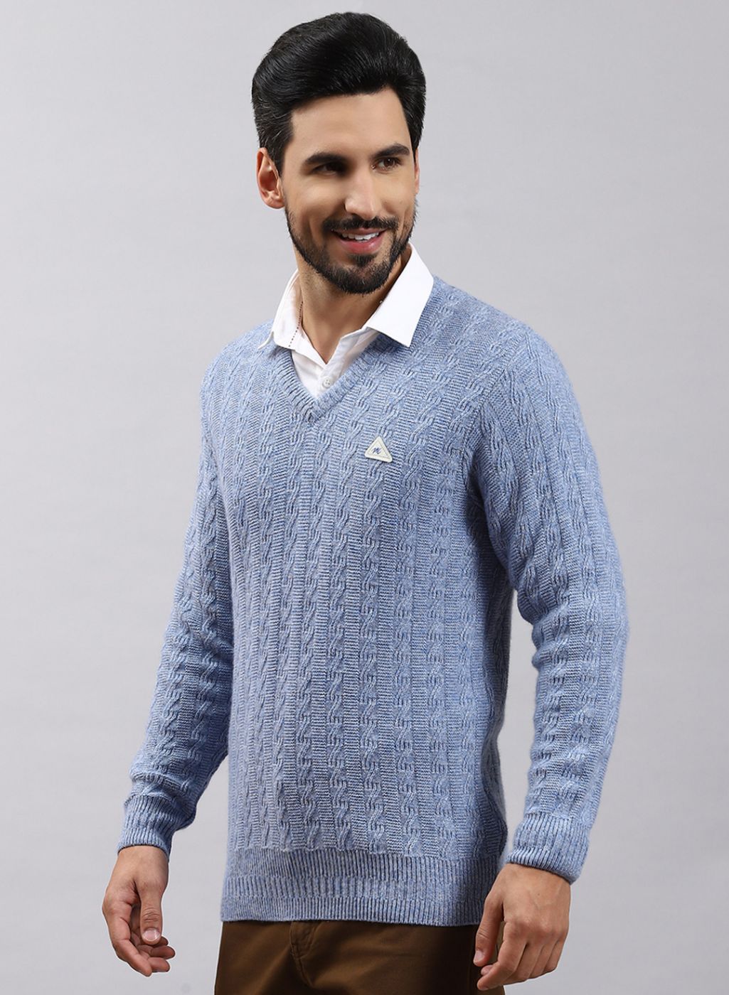 Men Blue Self Design Lamb wool Pullover