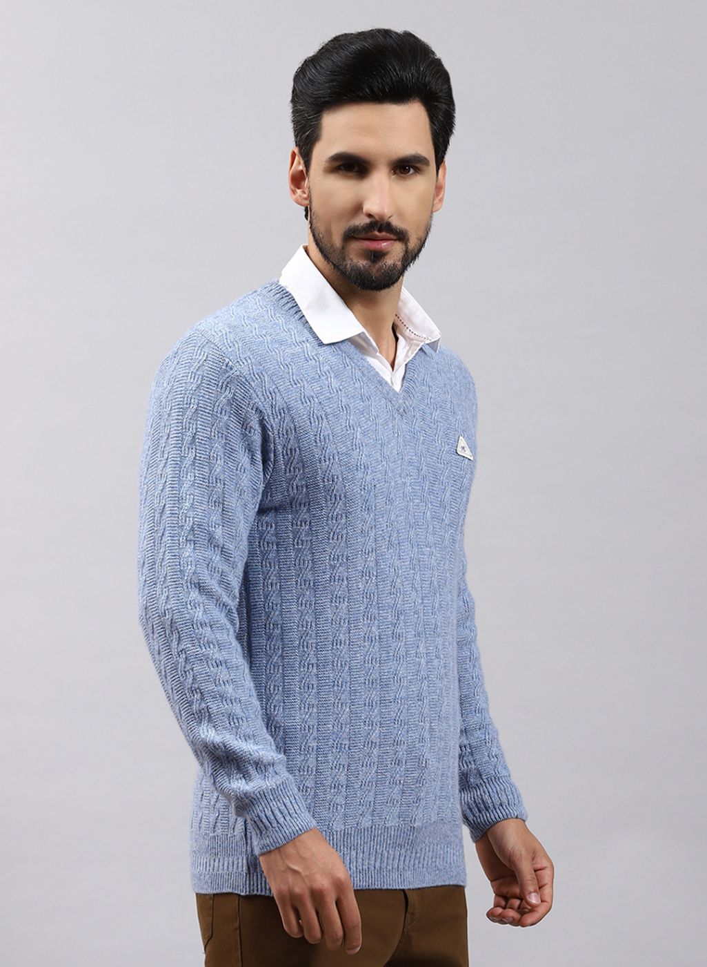 Men Blue Self Design Lamb wool Pullover