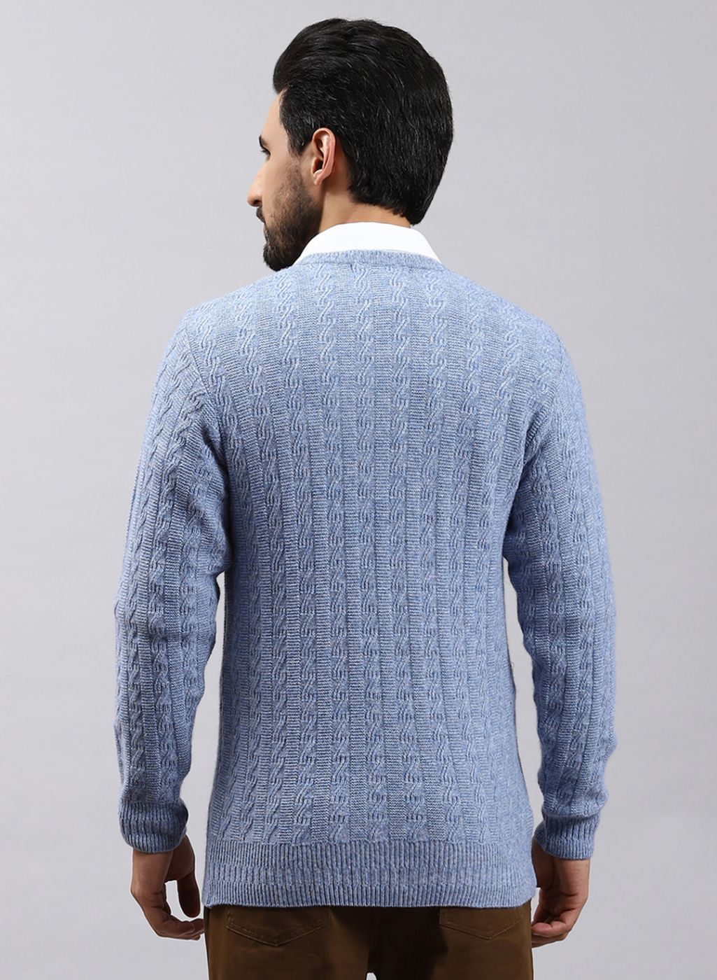 Men Blue Self Design Lamb wool Pullover