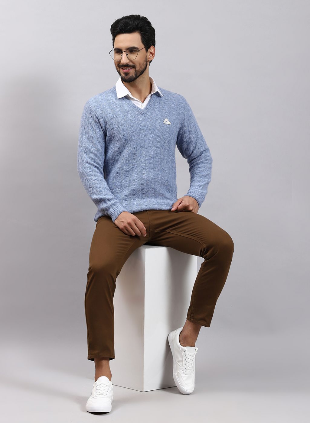 Men Blue Self Design Lamb wool Pullover