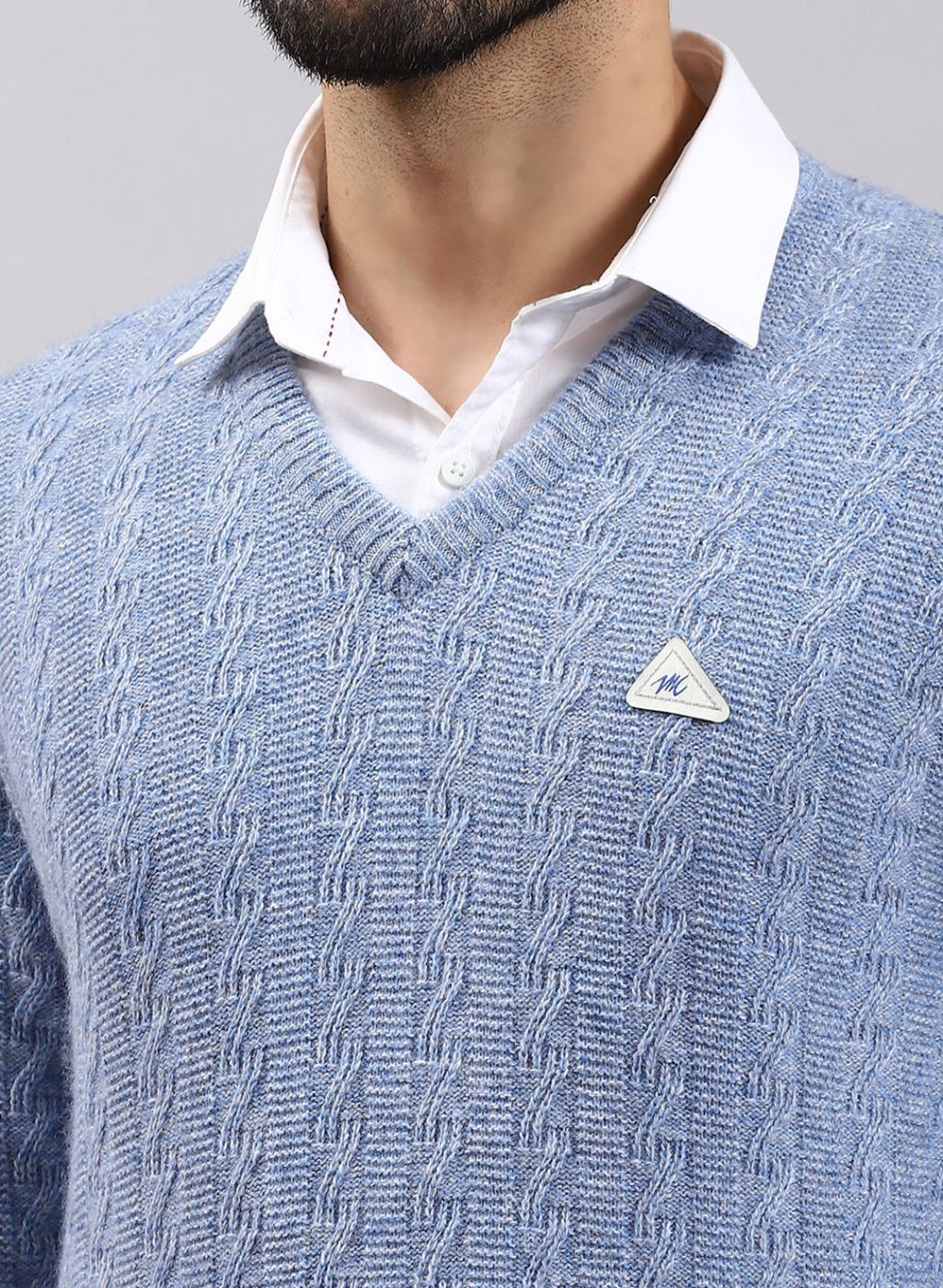 Men Blue Self Design Lamb wool Pullover