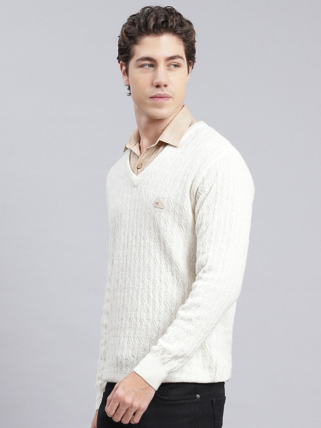 Men Off White Self Design Lamb wool Pullover