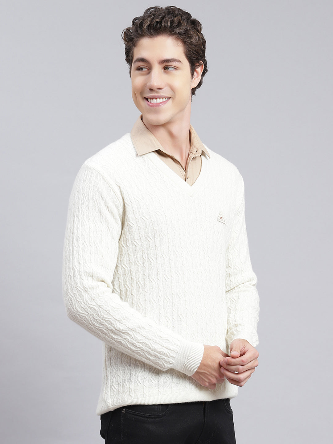 Men Off White Self Design Lamb wool Pullover