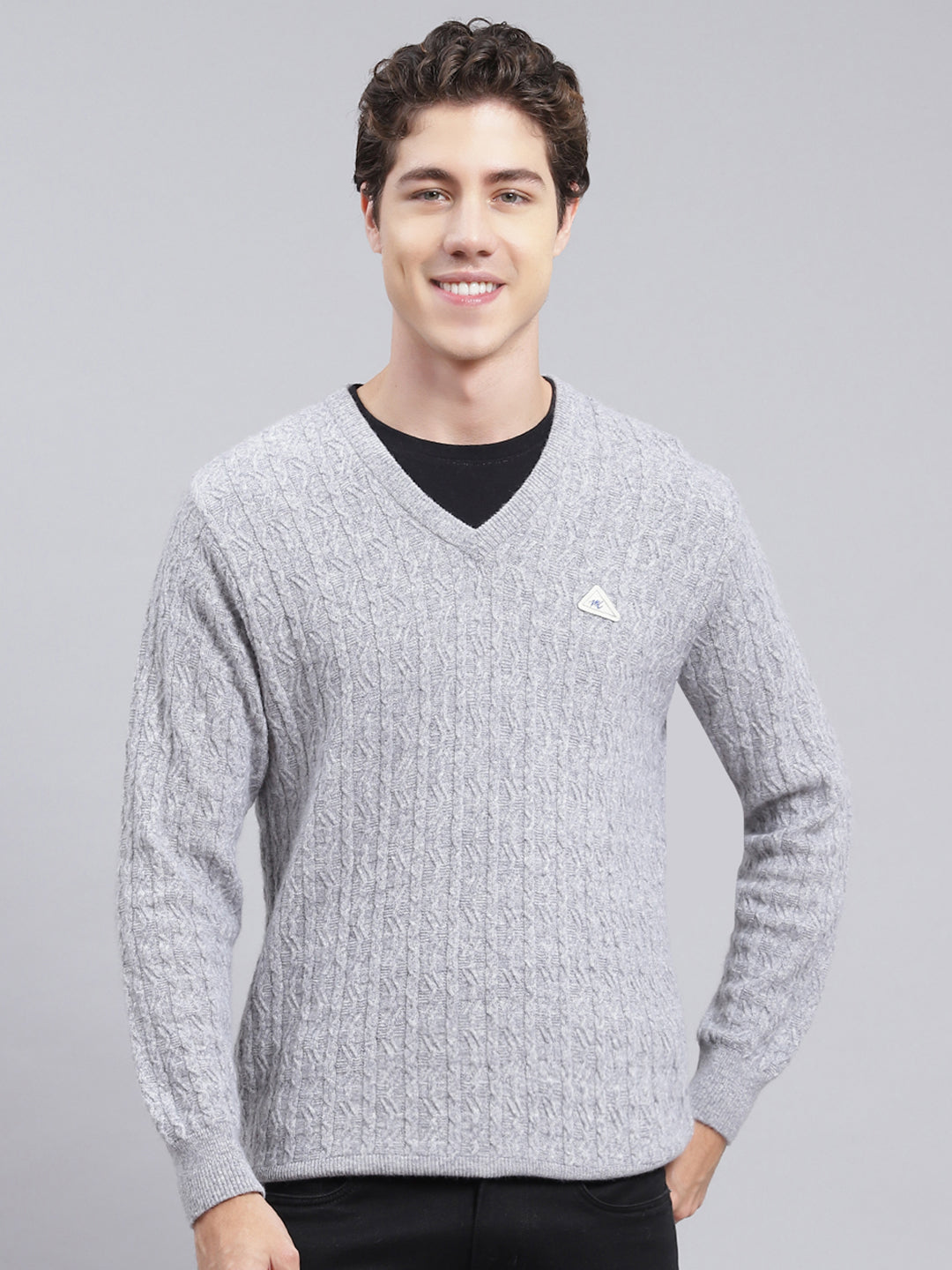 Men Grey Self Design Lamb wool Pullover