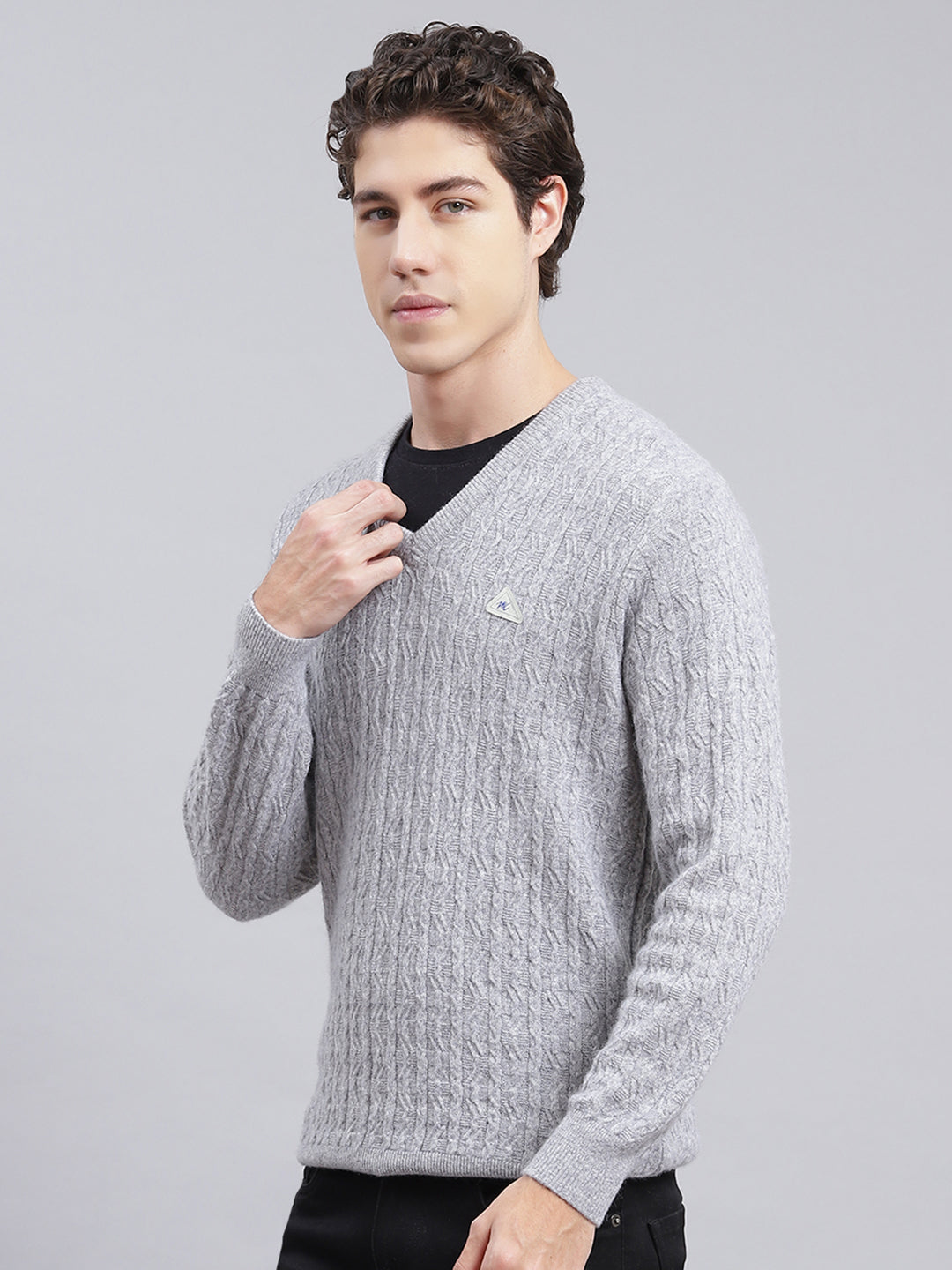 Men Grey Self Design Lamb wool Pullover