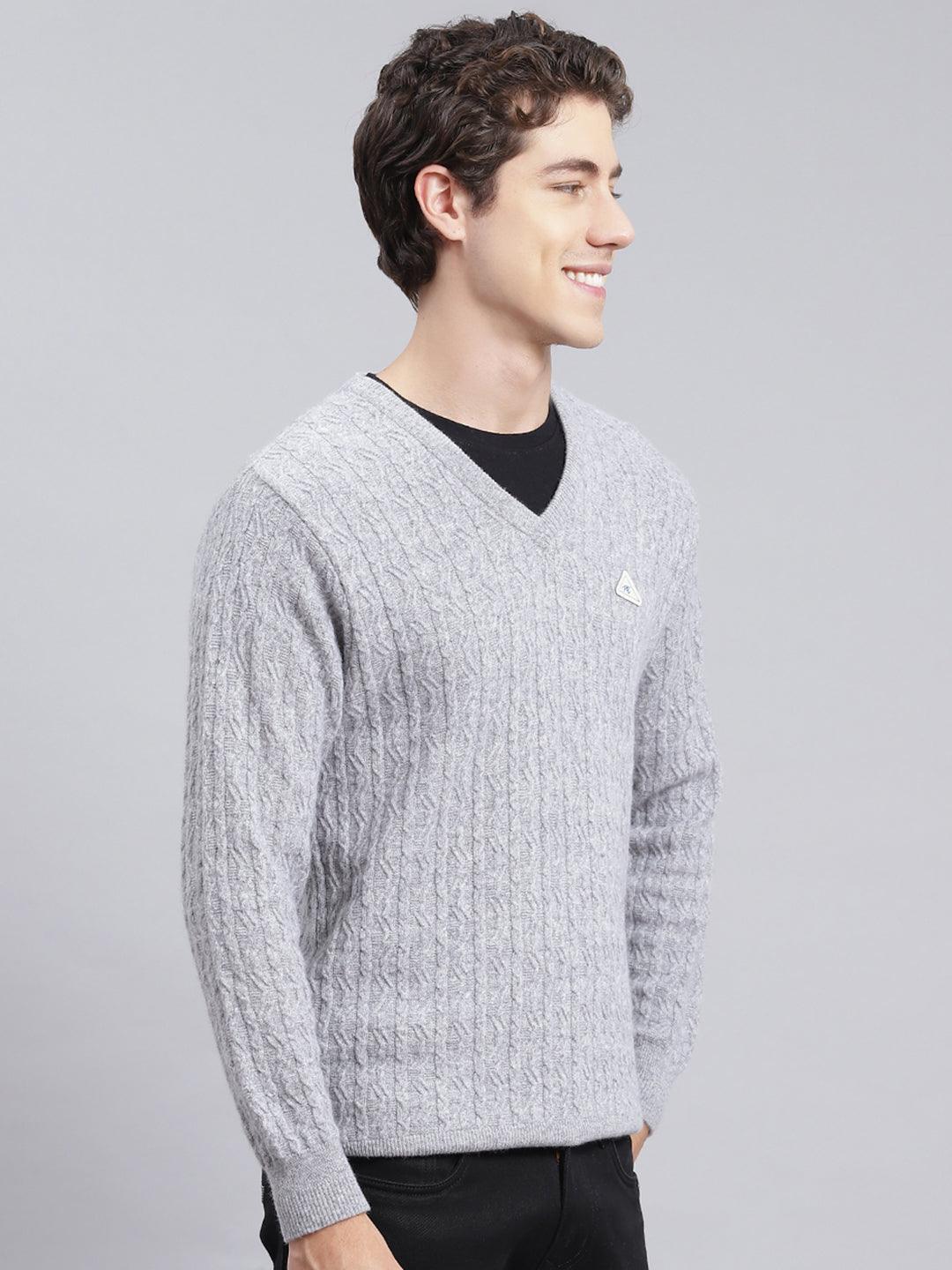 Men Grey Self Design Lamb wool Pullover