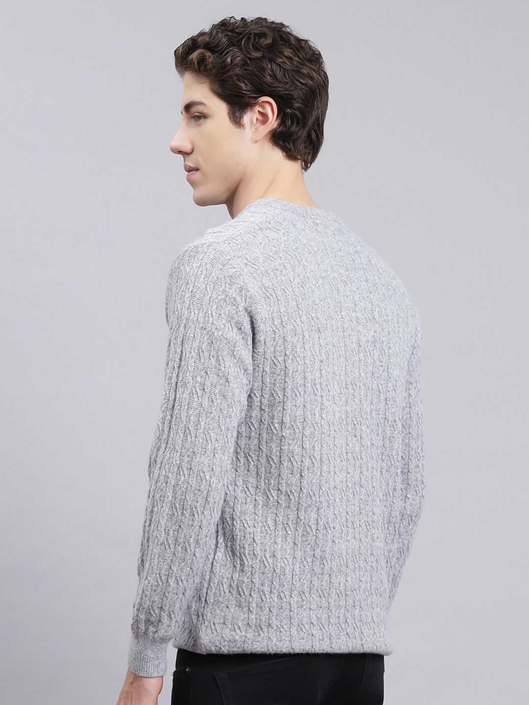 Men Grey Self Design Lamb wool Pullover