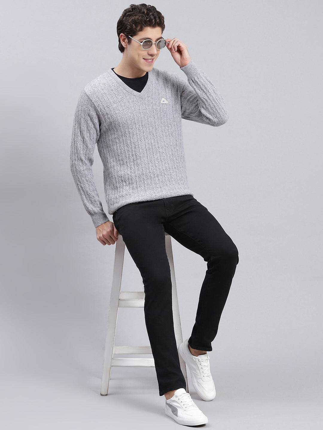 Men Grey Self Design Lamb wool Pullover