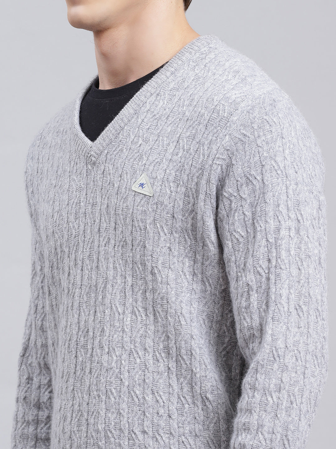 Men Grey Self Design Lamb wool Pullover