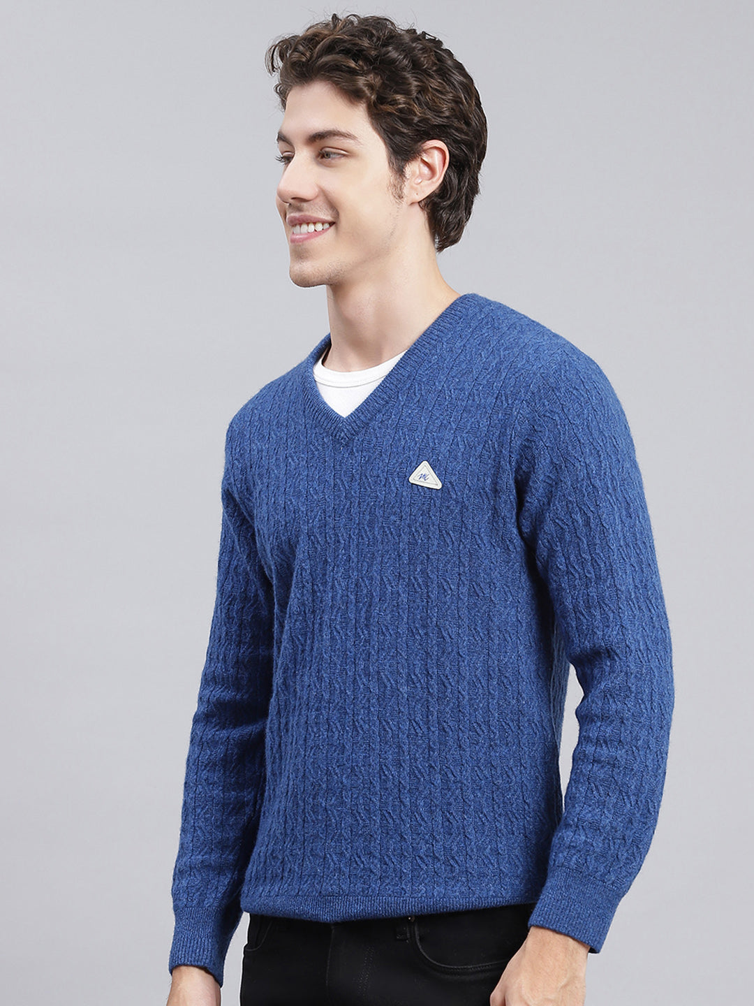 Men Royal Blue Self Design Lamb wool Pullover