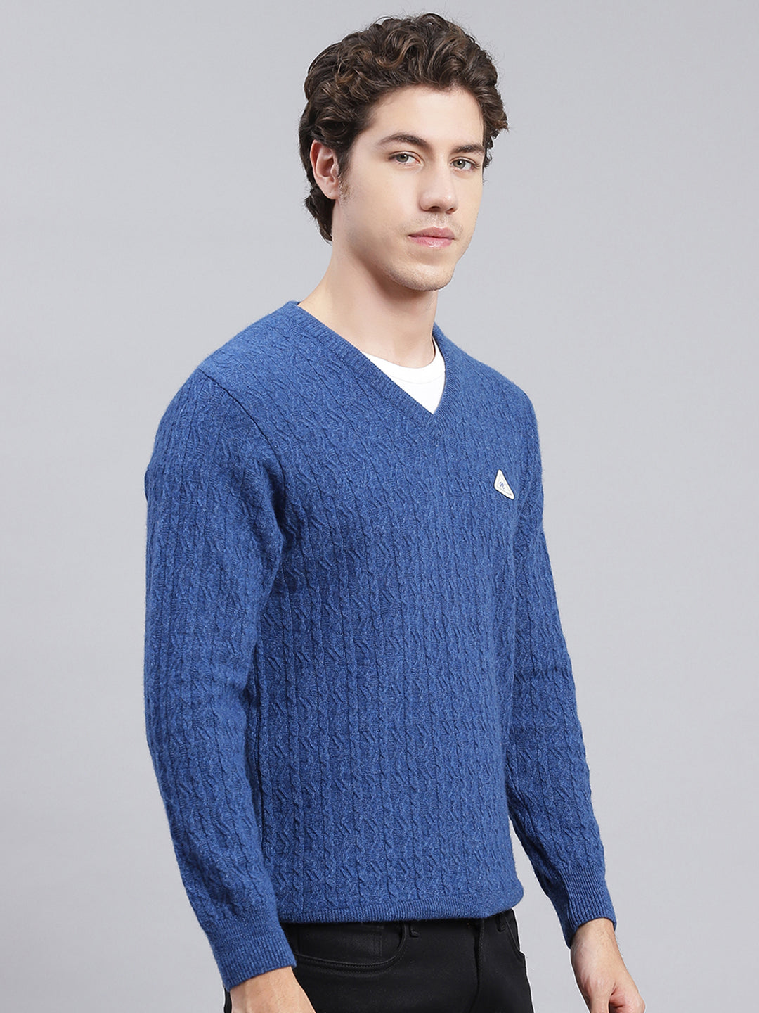 Men Royal Blue Self Design Lamb wool Pullover