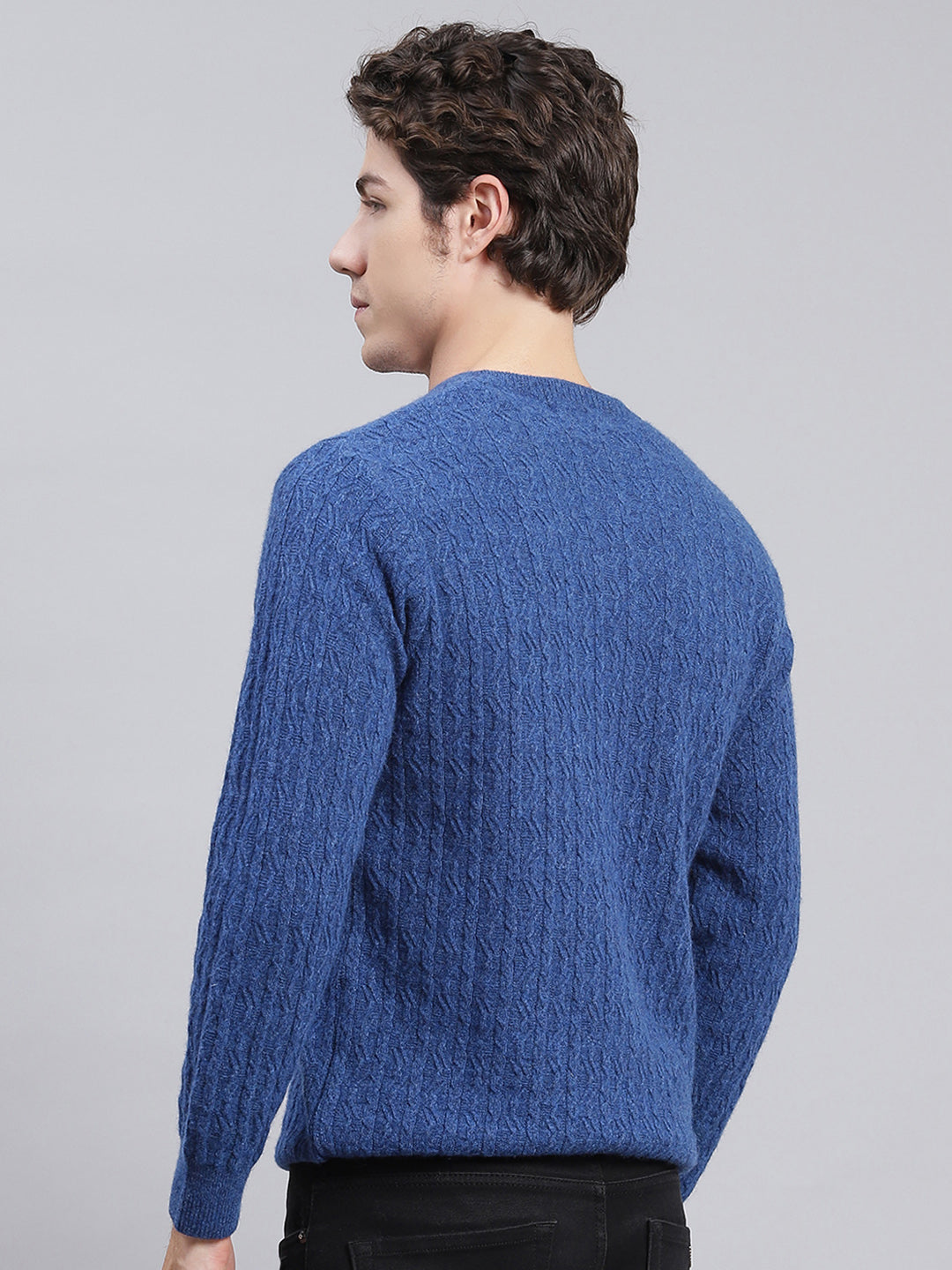 Men Royal Blue Self Design Lamb wool Pullover