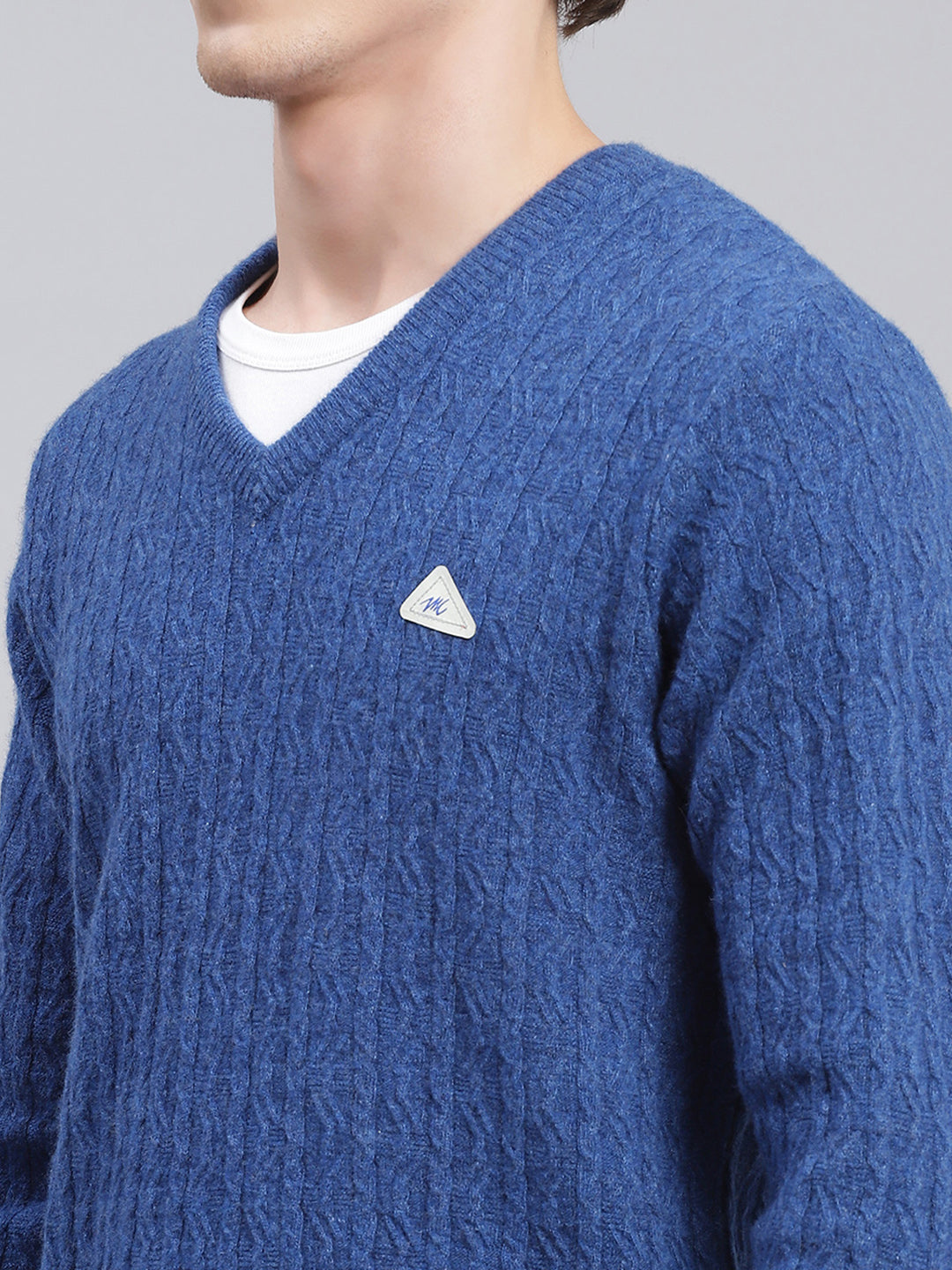 Men Royal Blue Self Design Lamb wool Pullover