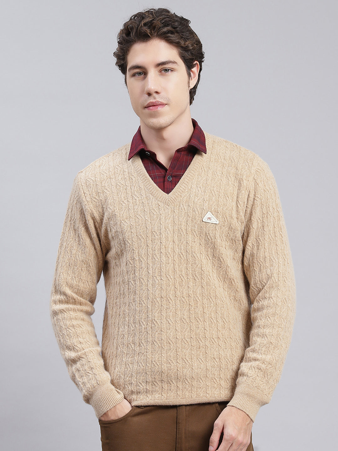 Men Camel Brown Self Design Lamb wool Pullover