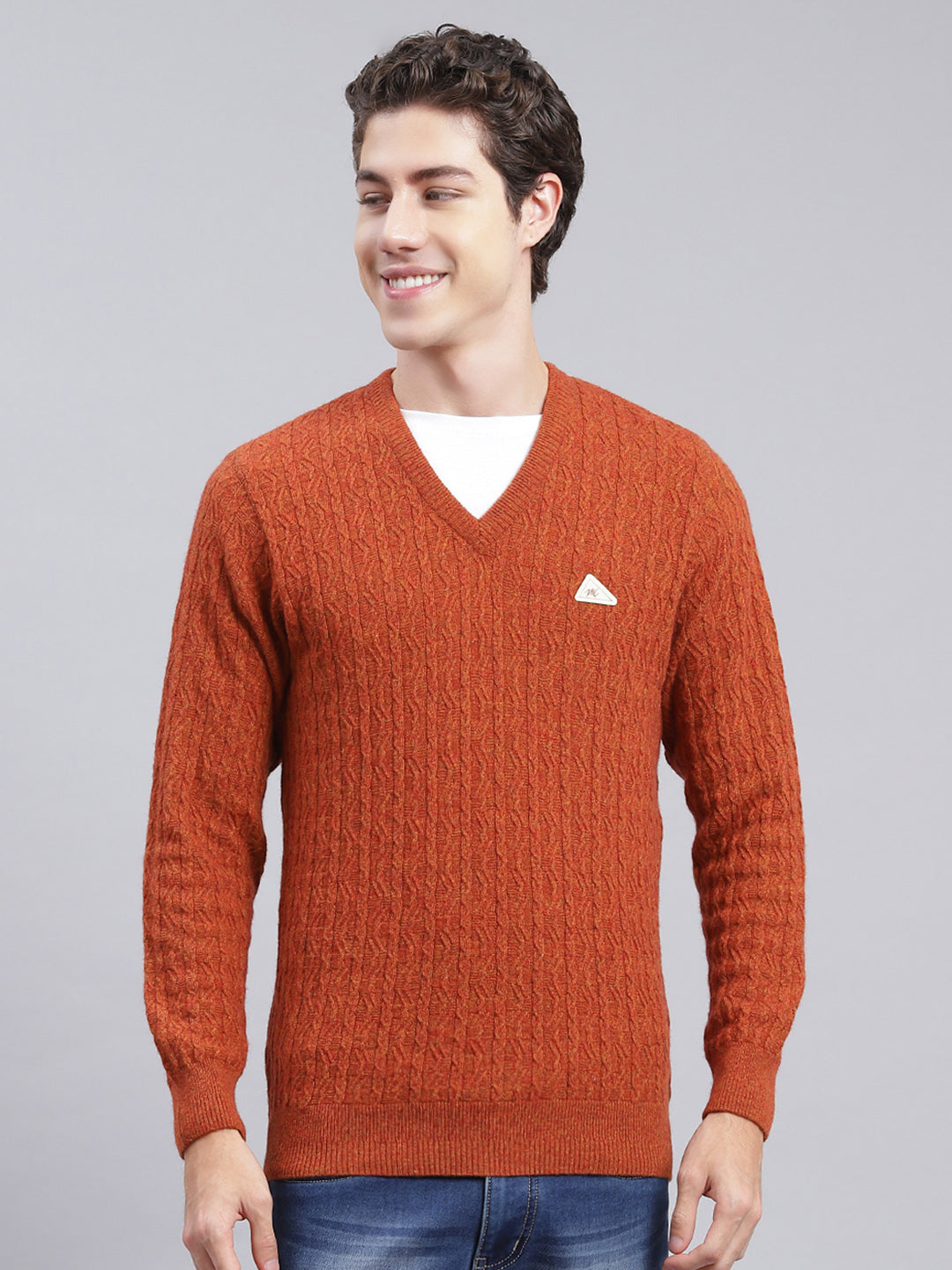 Men Rust Orange Self Design Lamb wool Pullover