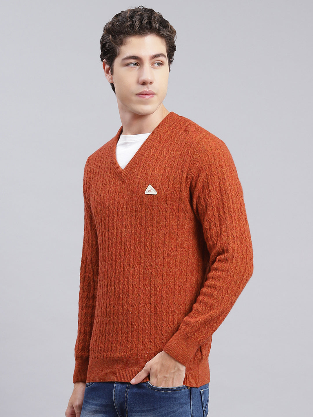 Men Rust Orange Self Design Lamb wool Pullover