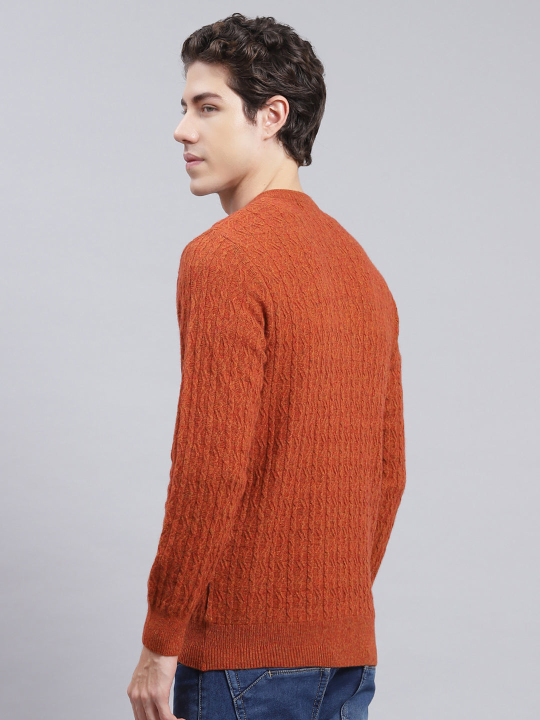 Men Rust Orange Self Design Lamb wool Pullover