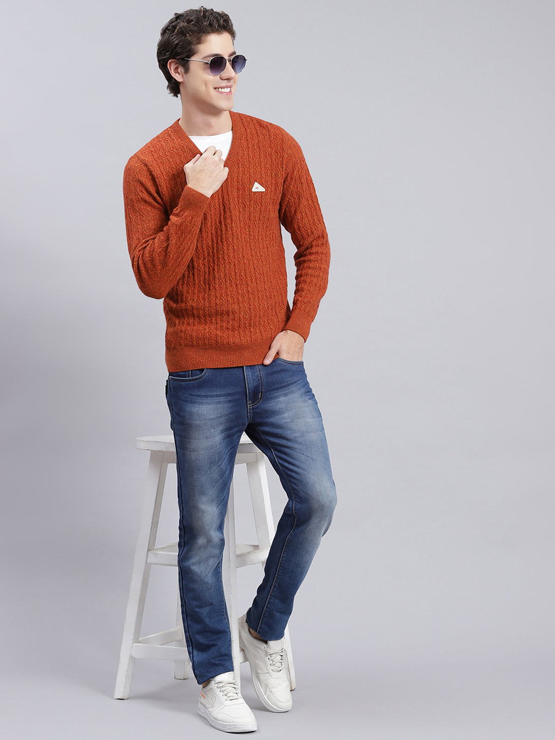 Men Rust Orange Self Design Lamb wool Pullover