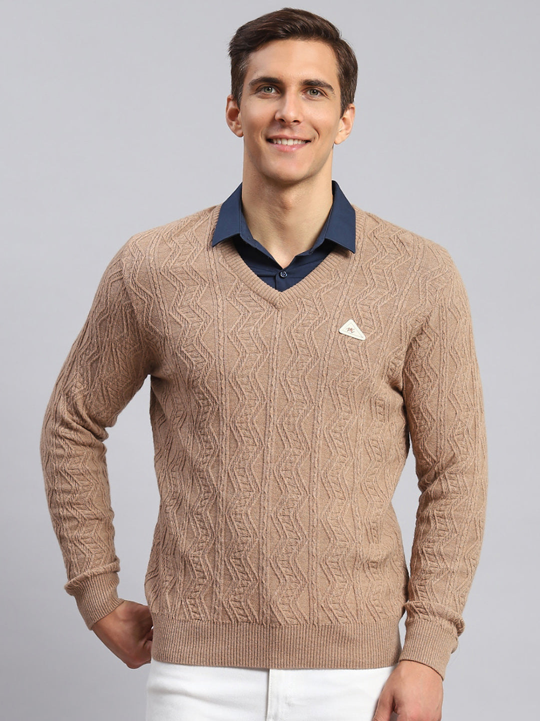 Men Brown Self Design Lamb wool Pullover