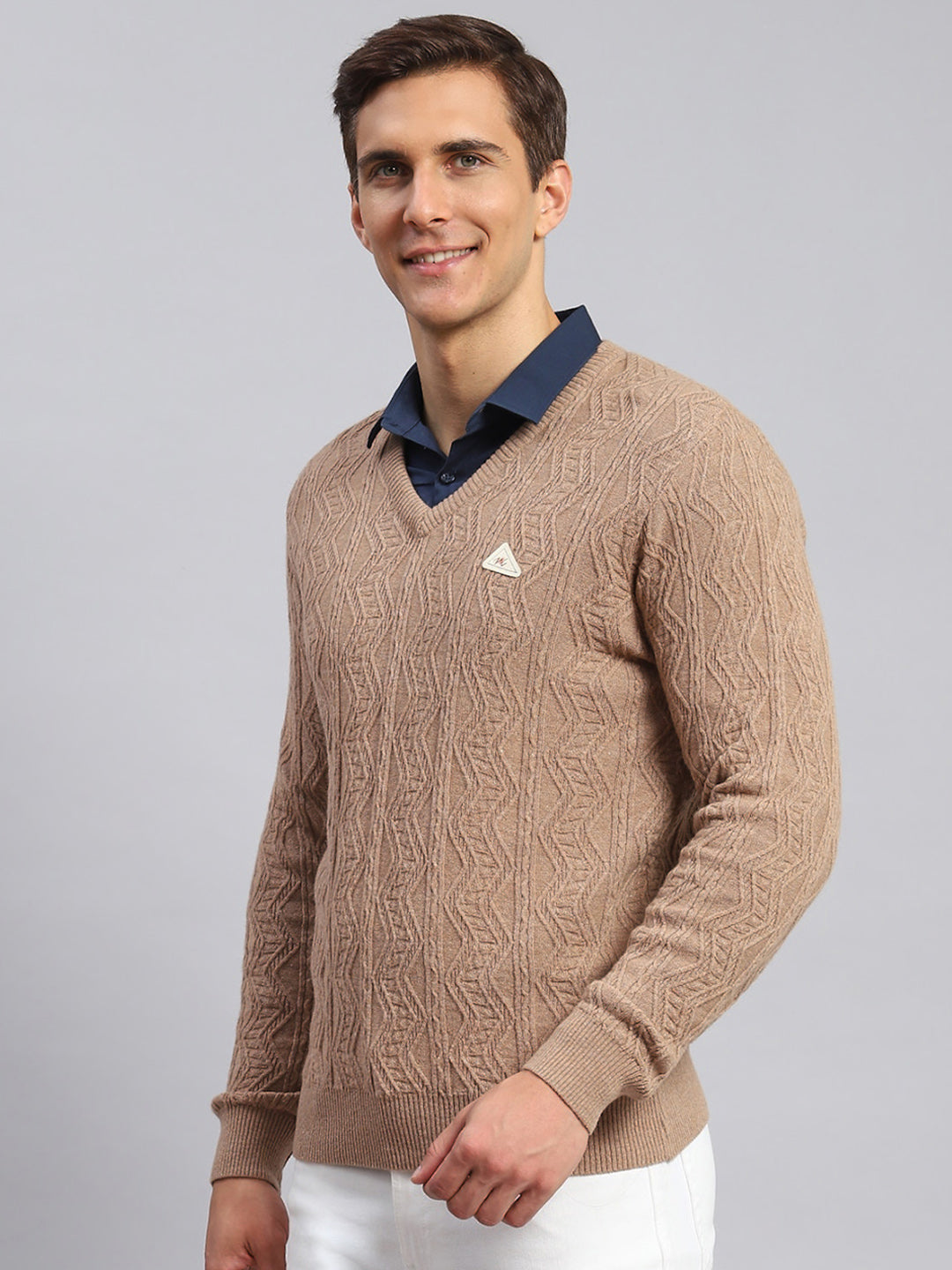 Men Brown Self Design Lamb wool Pullover