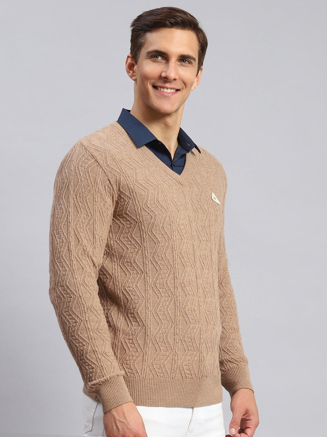 Men Brown Self Design Lamb wool Pullover