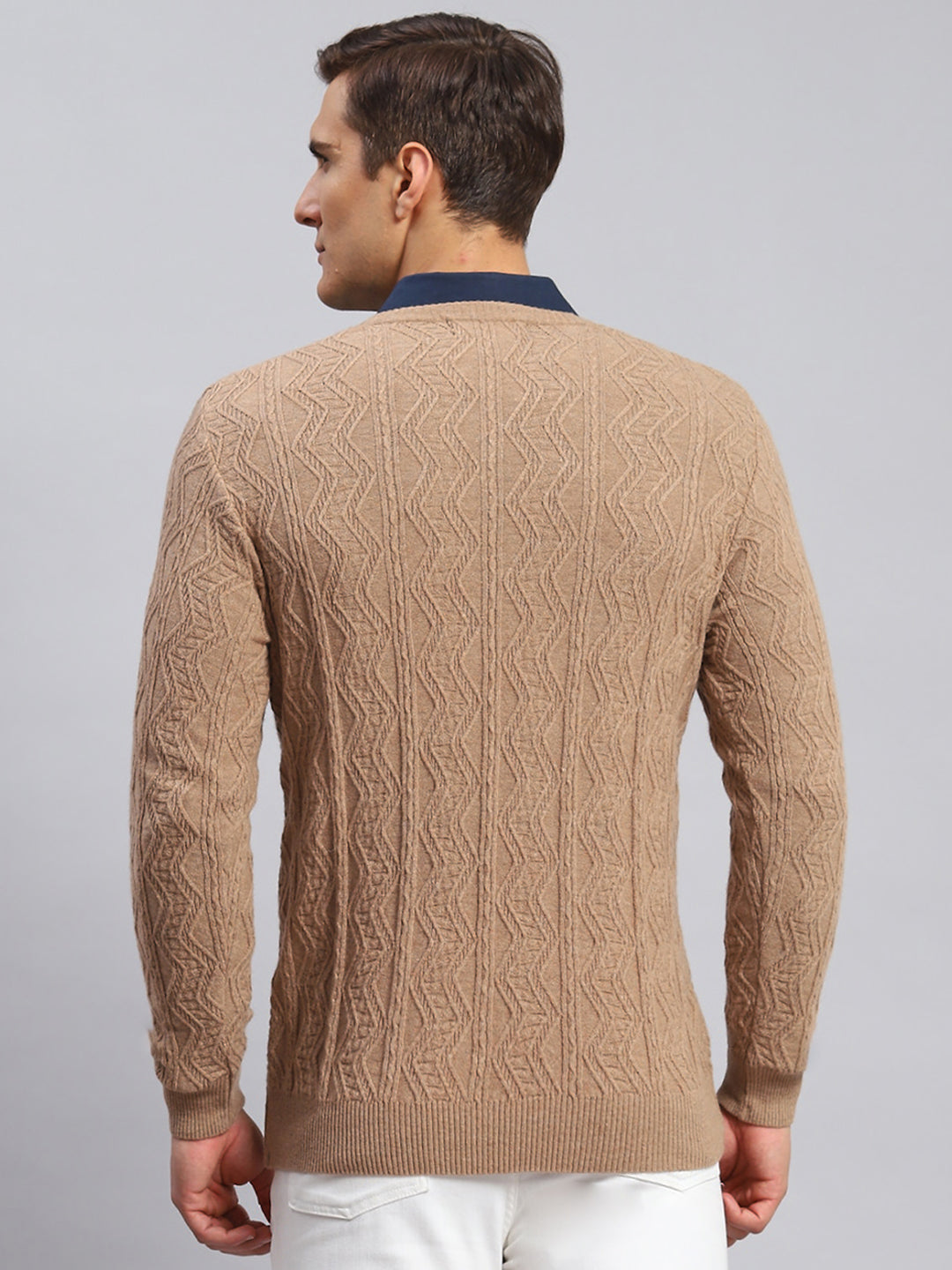 Men Brown Self Design Lamb wool Pullover