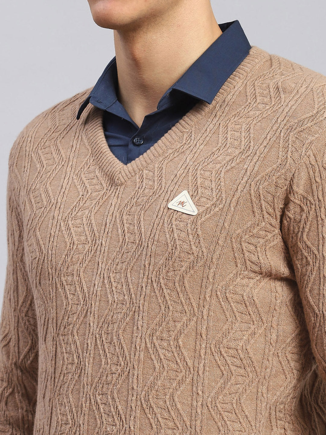 Men Brown Self Design Lamb wool Pullover