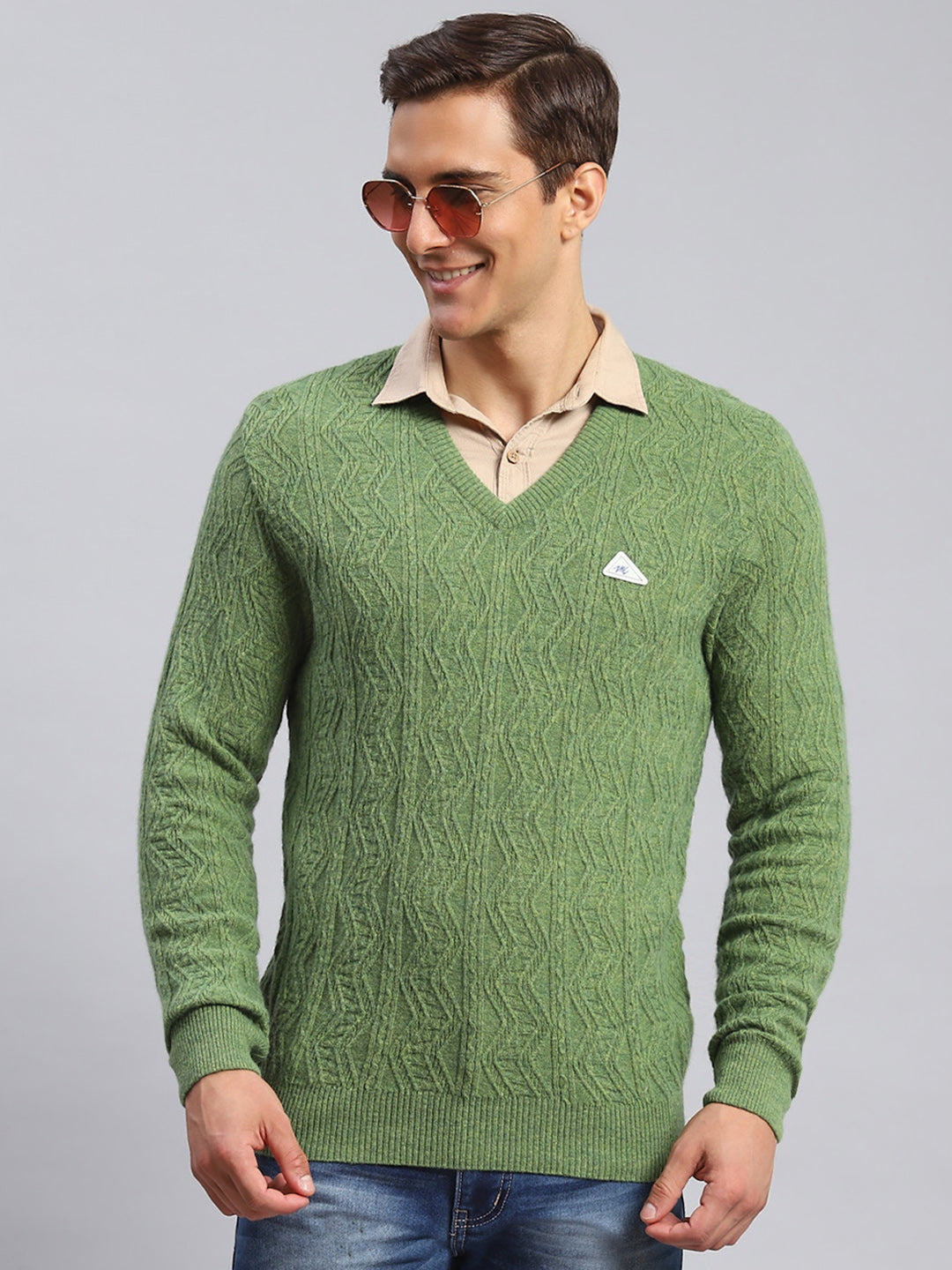 Men Green Self Design Lamb wool Pullover