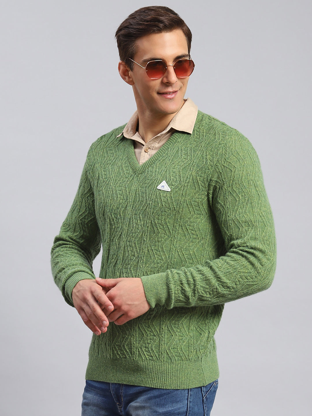 Men Green Self Design Lamb wool Pullover