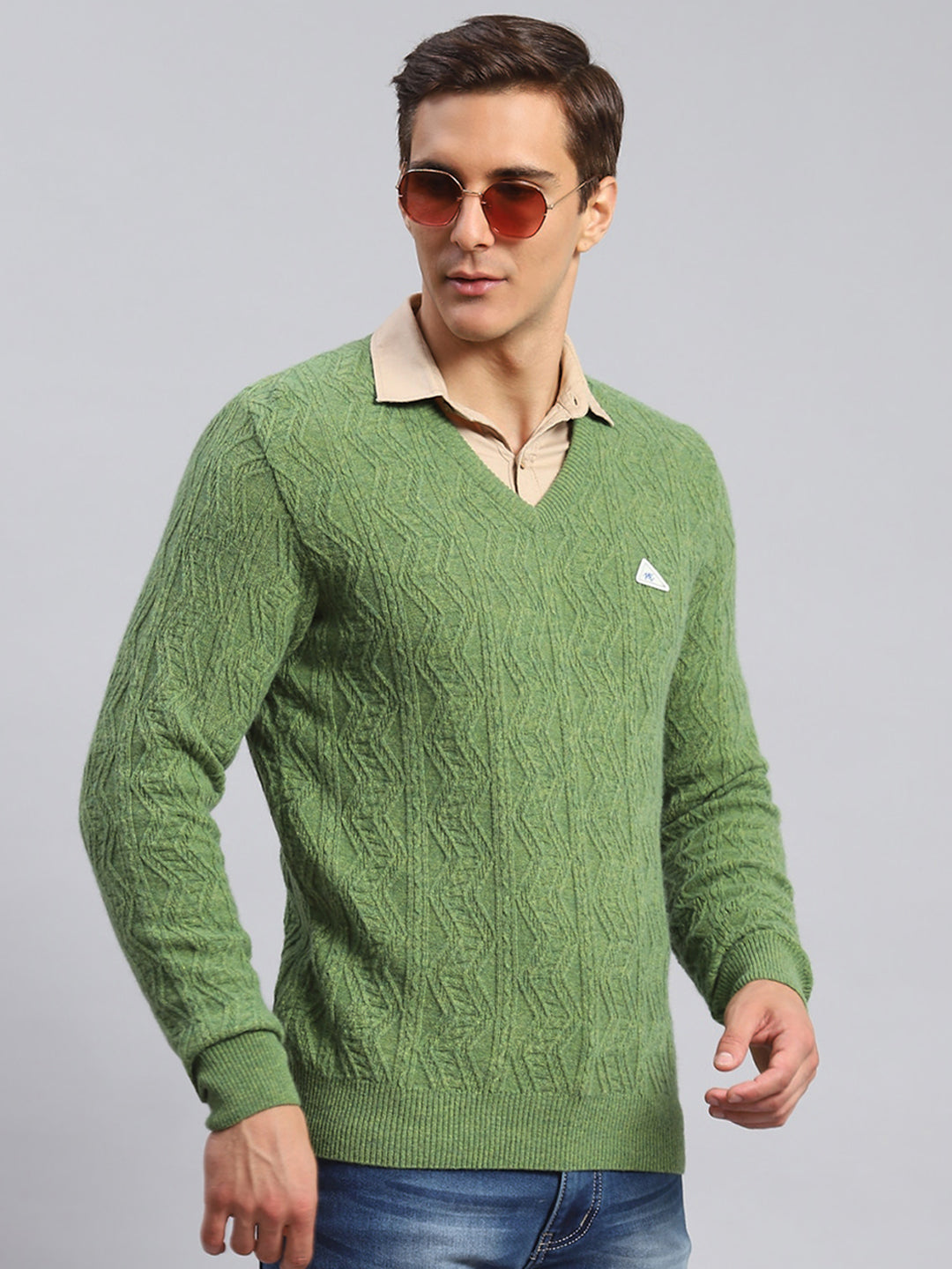 Men Green Self Design Lamb wool Pullover