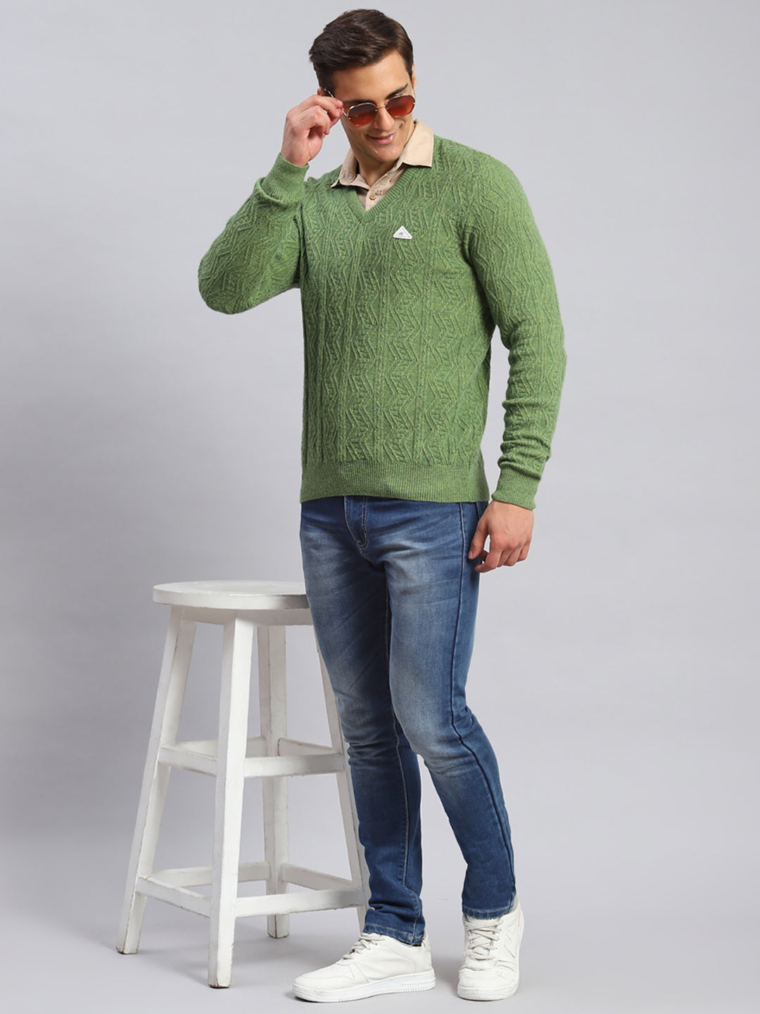 Men Green Self Design Lamb wool Pullover