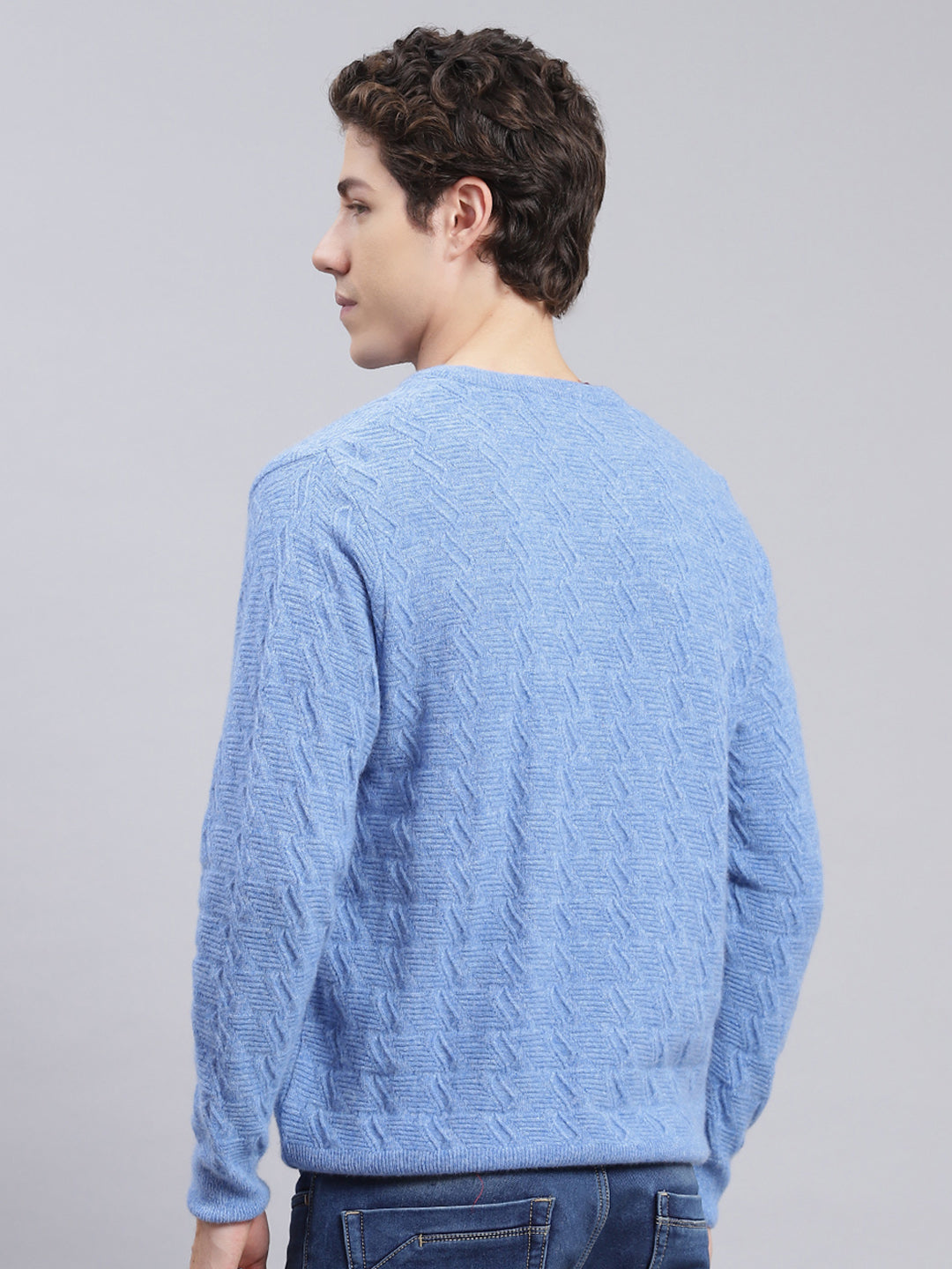 Men Sky Blue Self Design Lamb wool Pullover