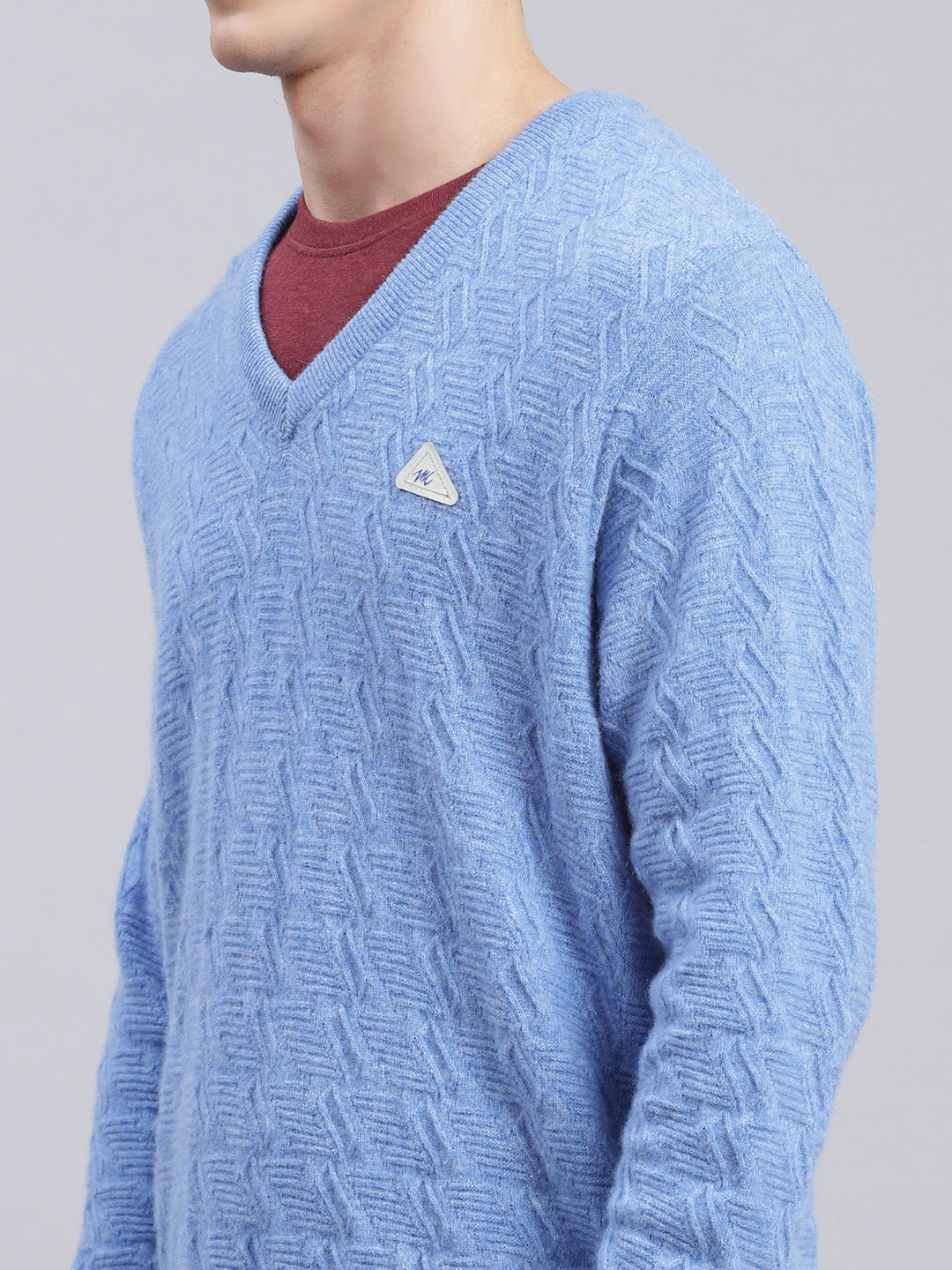 Men Sky Blue Self Design Lamb wool Pullover