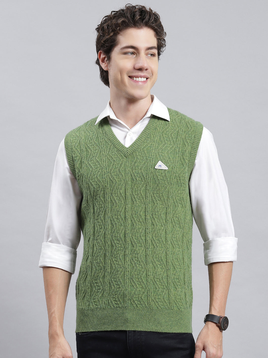 Men Green Self Sweater