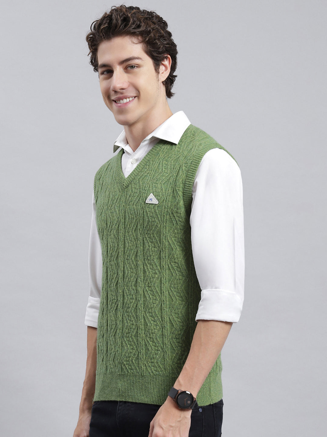 Men Green Self Sweater