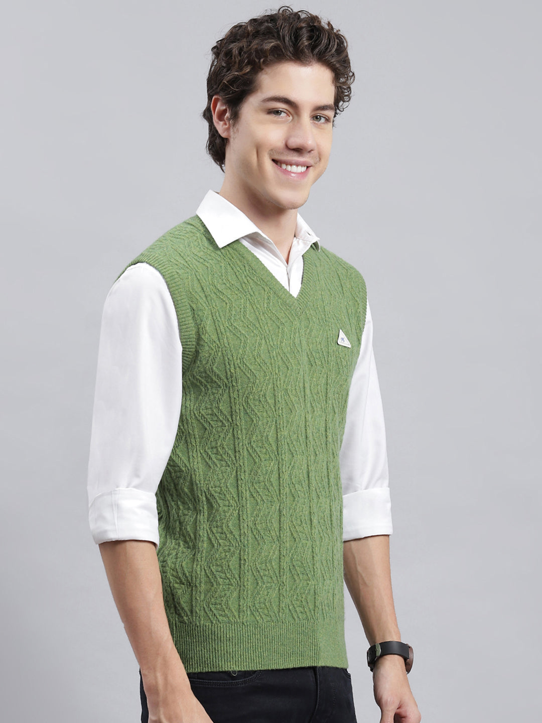 Men Green Self Sweater