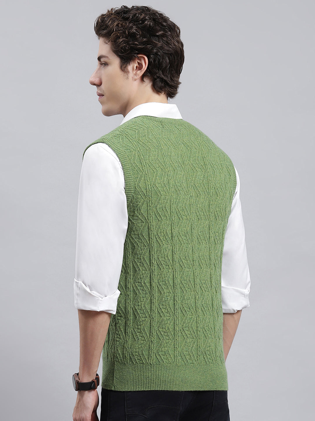 Men Green Self Sweater